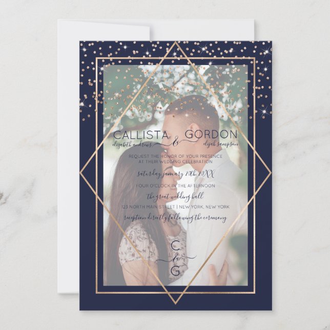 Invitation Marine Gold Confetti Geo Mariage photo frontière (Devant)