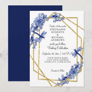 Invitation Marine Gold Dragonfly asiatique Chine Floral Aquar