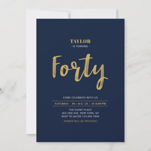 Invitation Marine & Gold Lettering Quarante fête d'anniversai (Devant)