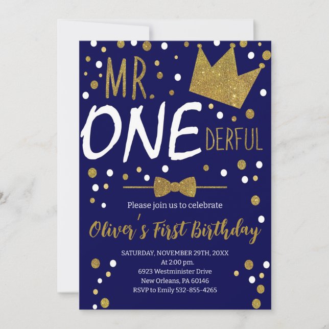 Invitation Marine & Gold, M. Onederful Birthday, Pois (Devant)