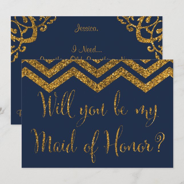 Invitation Marine & Gold Parties scintillant Serez-Vous Ma Fi (Devant / Derrière)