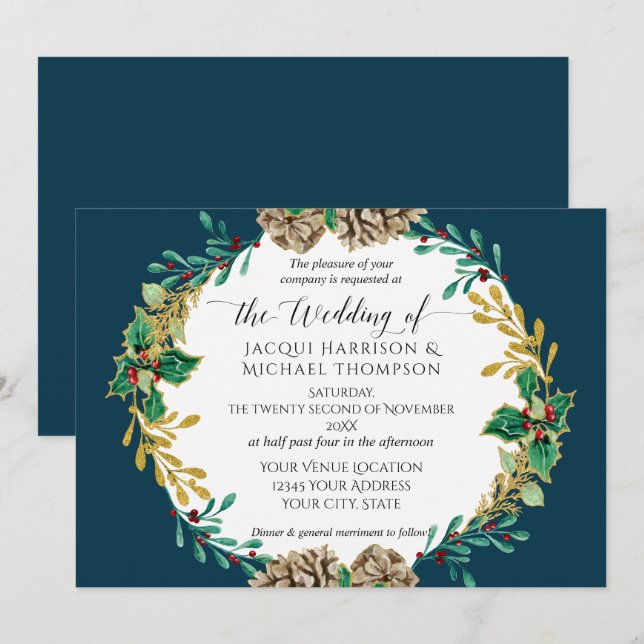 Invitation Marine Gold Pine Cone Mariage de verdure (Devant / Derrière)