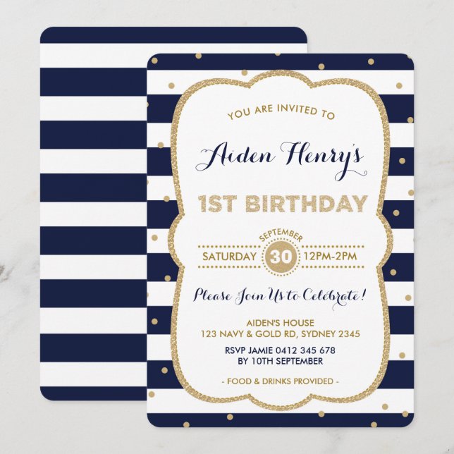 Invitation Marine & Gold Royal Prince 1er anniversaire Invita (Devant / Derrière)