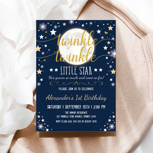 Invitation Marine Gold Twinkle Little Star Moon 1er anniversa (Créateur téléchargé)