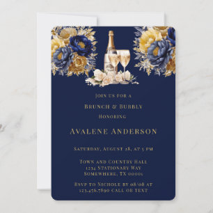 Invitation Marine Gold Watercolor Peony Brunch et Bubbly