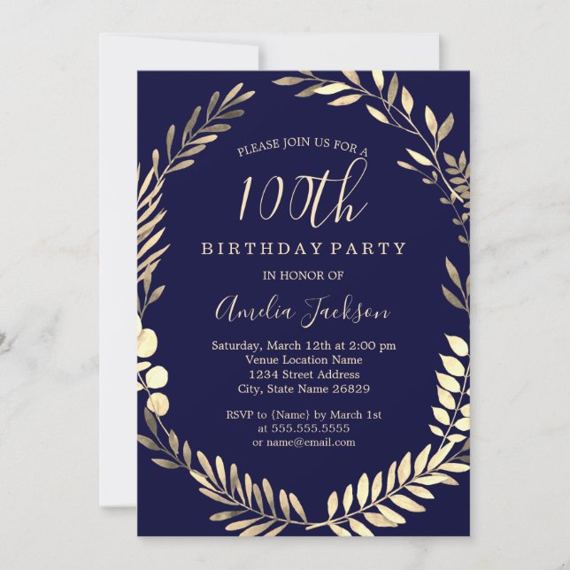 Invitation Marine Gold Watercolor Wreath 100e anniversaire (Devant)