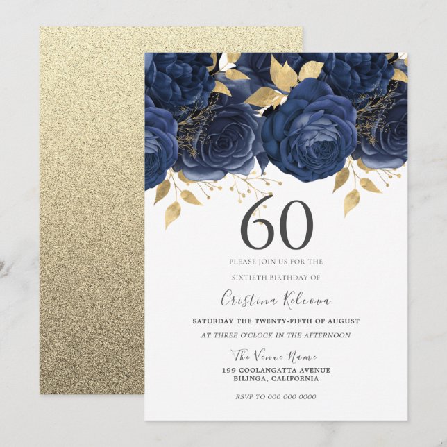 Invitation Marine Indigo Blue & Gold Floral 60e fête d'annive (Devant / Derrière)