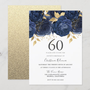 Invitation Marine Indigo Blue & Gold Floral 60e fête d'annive