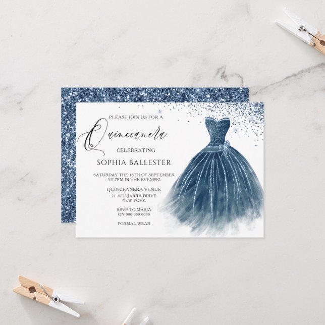 Invitation Marine Indigo Parties scintillant robe Gown Quince (Devant/Arrière en situation)