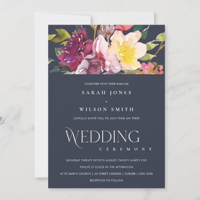INVITATION MARINE JAUNE BURGUNDY BURGUNDY FLORAL BUNCH MARIAG (Devant)