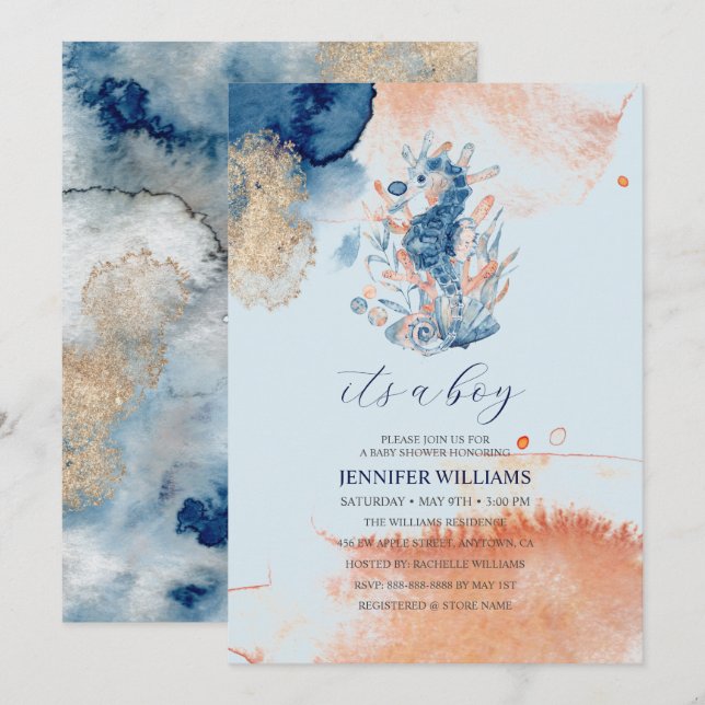 Invitation Marine Life | C'est un Baby shower de Seahorse Boy (Devant / Derrière)