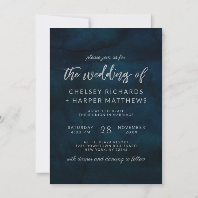 Invitation Marine Luster bleu foncé Aquarelle Mariage en arge (Devant)