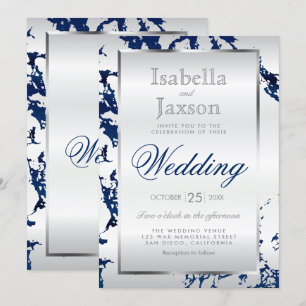 Invitation Marine Marbre Bleu, Argent & Satin Blan
