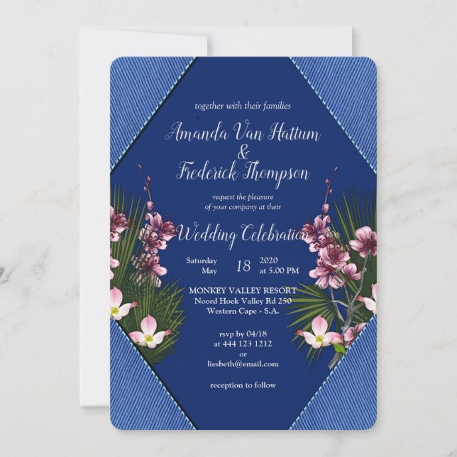 Invitation Marine - Mariage de fleurs bleu et rose (Devant)