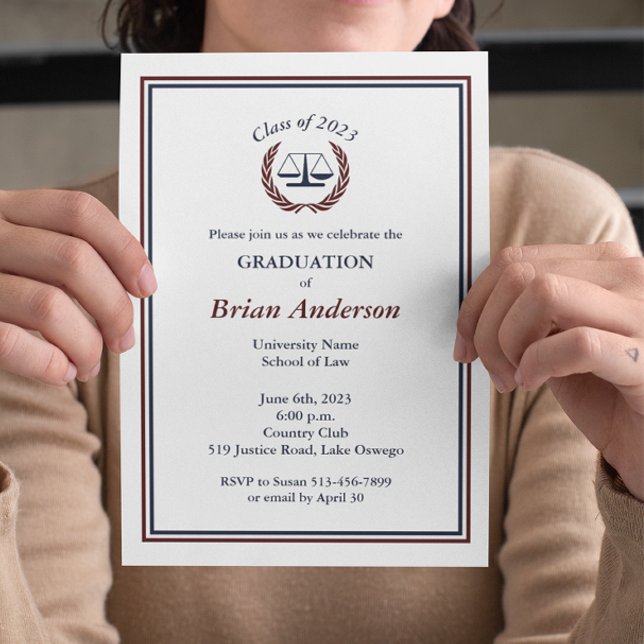 Invitation Marine & Maroon Justice Wreath Law School Graduati (Créateur téléchargé)
