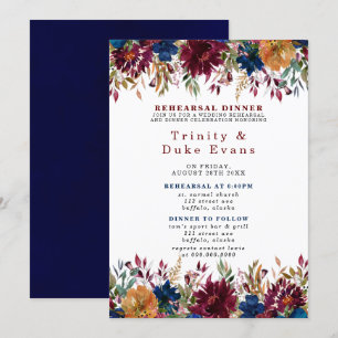 Invitation Marine Marsala Orange Dîner de répétition florale 
