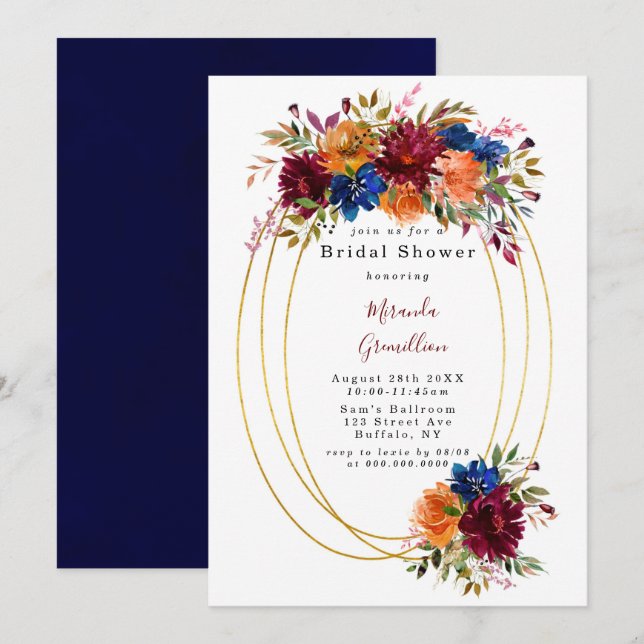 Invitation Marine Marsala Orange Floral Fête des mariées géom (Devant / Derrière)