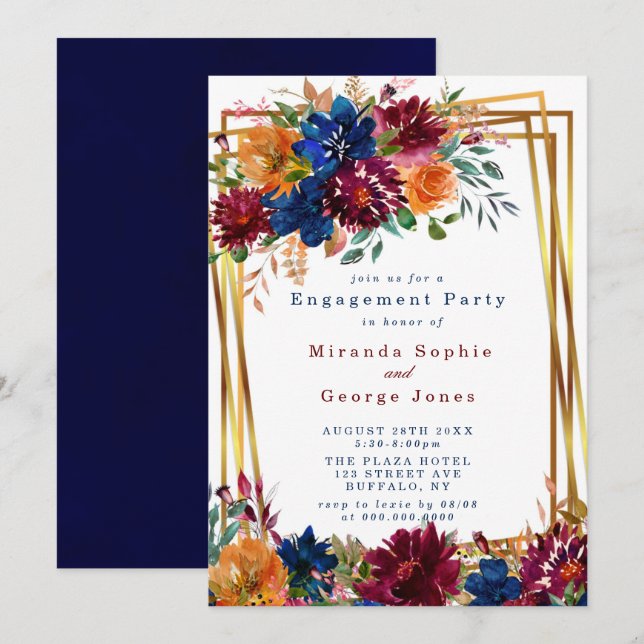 Invitation Marine Marsala Orange Floral Gold Engagement Party (Devant / Derrière)