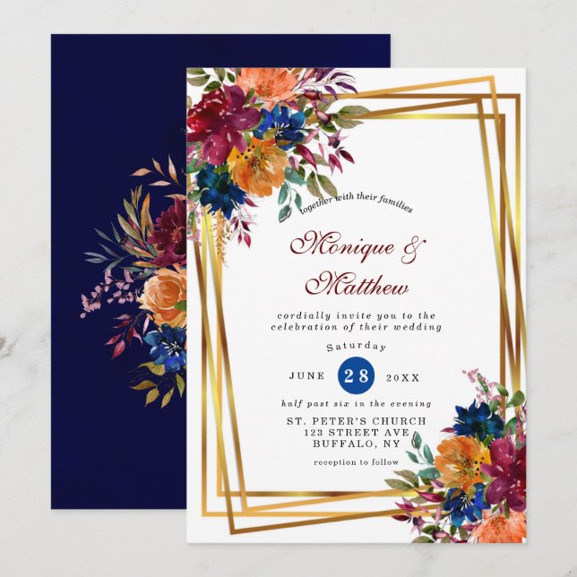 Invitation Marine Marsala Orange Floral Mariage géométrique (Devant / Derrière)