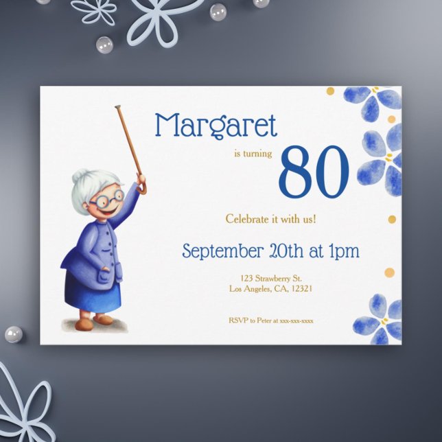 Invitation Marine mignonne et Blanc Vieille femme avec fleur  (Cute grandma's 80th birthday floral invitation)