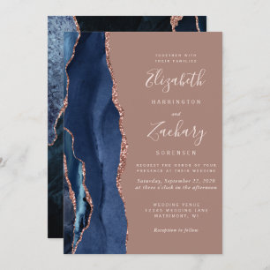 Invitation Marine moderne Agate bleu Dusty Rose Mariage or
