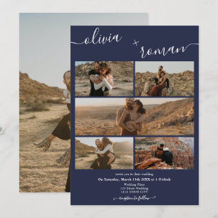 Invitation Marine moderne bleu 6 photos grille collage mariag