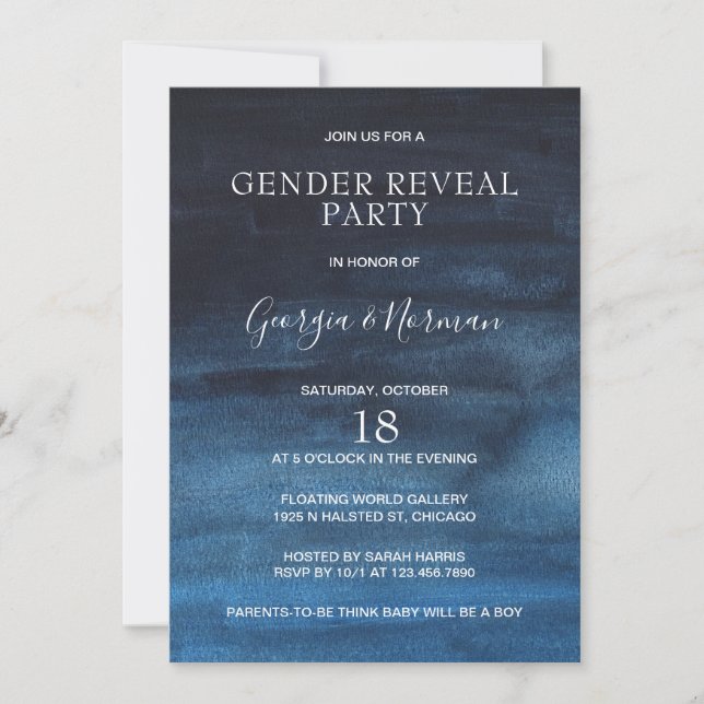 Invitation Marine moderne bleu aquarelle laver Révélation de  (Devant)