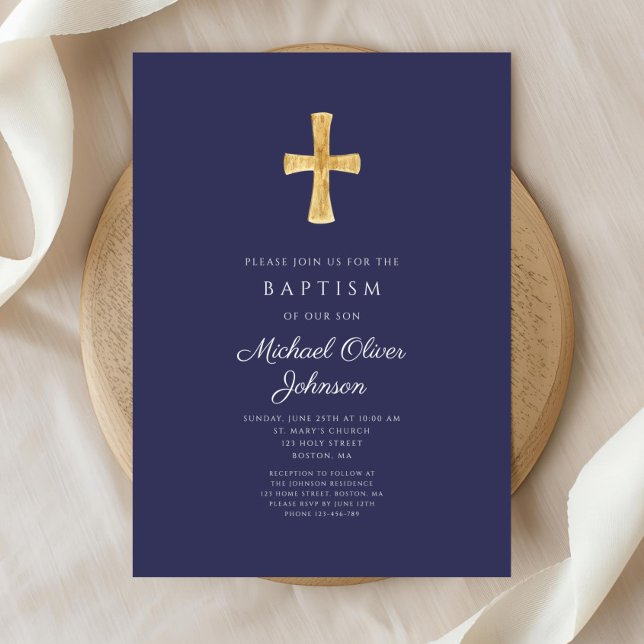 Invitation Marine Moderne Bleu Croix Religieuse Boy Baptême (Modern Navy Blue Religious Cross Boy Baptism Invitation)
