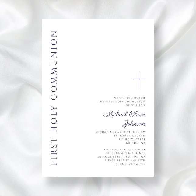 Invitation Marine moderne Bleu Script Première Sainte Communi (Modern Navy Blue Script First Holy Communion Invitation)