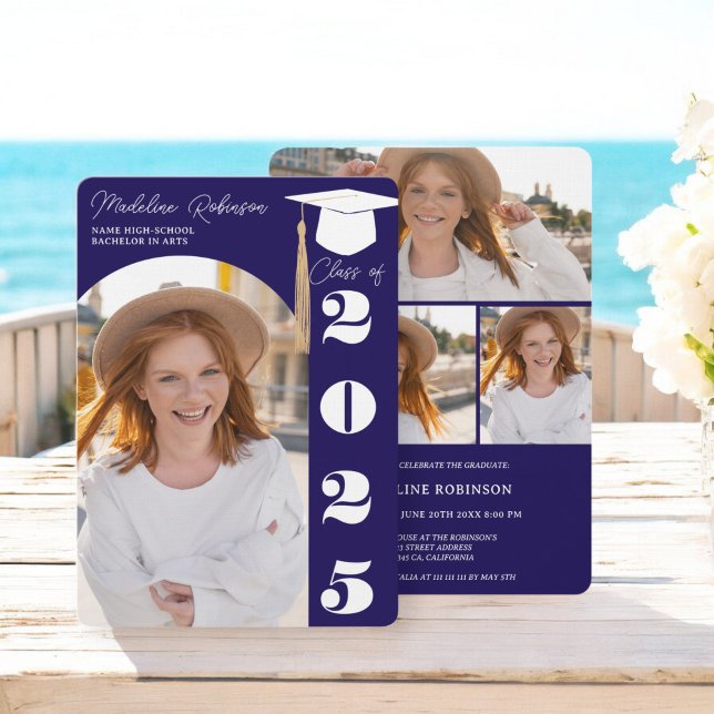 Invitation Marine moderne Blue 4 photos Graduation (Modern Navy Blue 4 photos Graduation Invitation)