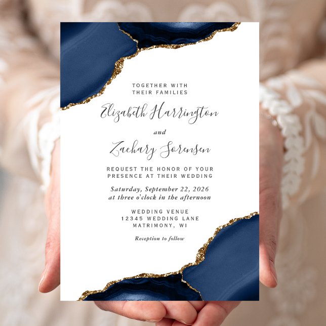 Invitation Marine moderne Blue Gold Agate Corners Mariage (Créateur téléchargé)