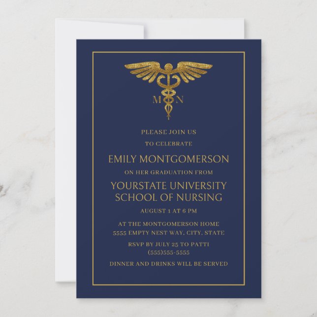 Invitation Marine moderne Blue Gold Nursing School MN Graduat (Devant)
