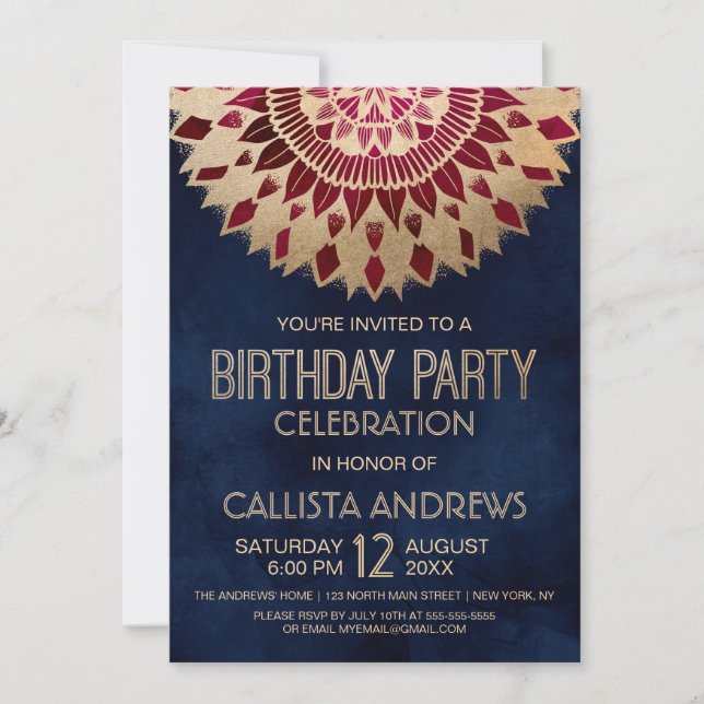 Invitation Marine moderne Bourgogne Or Floral Mandala Anniver (Devant)