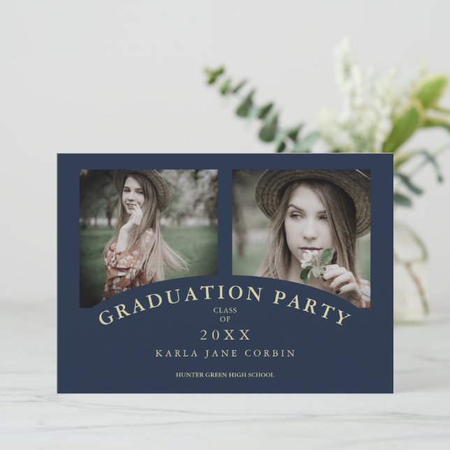 Invitation Marine Moderne Elegant Chic Graduation Party 2 Pho (Debout devant)