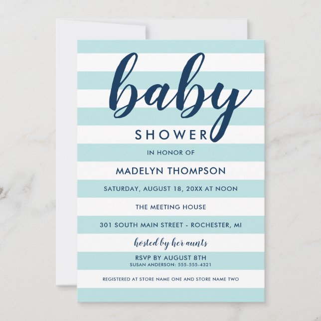Invitation Marine moderne et Aqua Blue Stripes Baby Boy Douch (Devant)