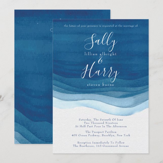 Invitation Marine, moderne Watercolor Waves Mariage (Devant / Derrière)