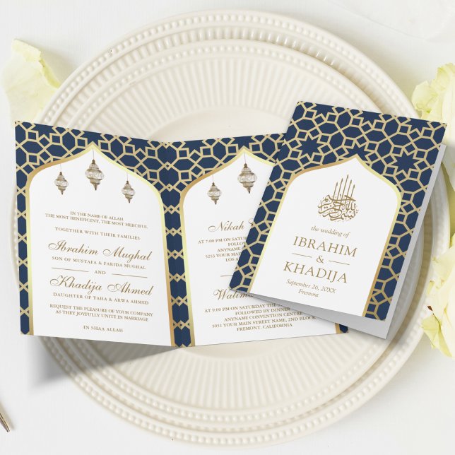 Invitation Marine Motif islamique d'or QR Code Mariage musulm (Créateur téléchargé)