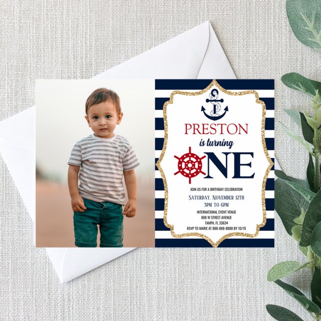 Invitation Marine Nautique Bleu Une photo 1er premier anniver (Créateur téléchargé)