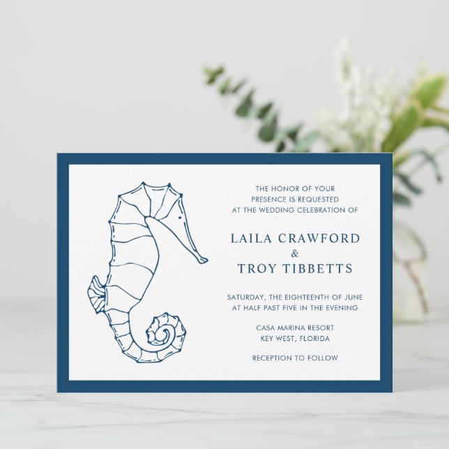 Invitation Marine Nautique Blue Sea Horse Beach Mariage éléga (Debout devant)