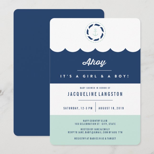 Invitation Marine Nautique Et Mint Ahoy Twins Baby shower Chi (Devant / Derrière)