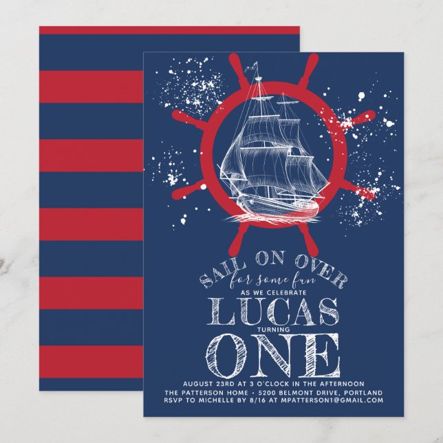 Invitation Marine Nautique Premier anniversaire bleu (Devant / Derrière)