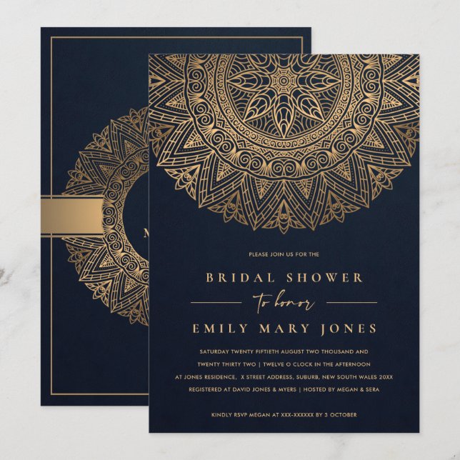 INVITATION MARINE OR CLASSIQUE ORNATE MANDALA FÊTE DES MARIÉE (Devant / Derrière)
