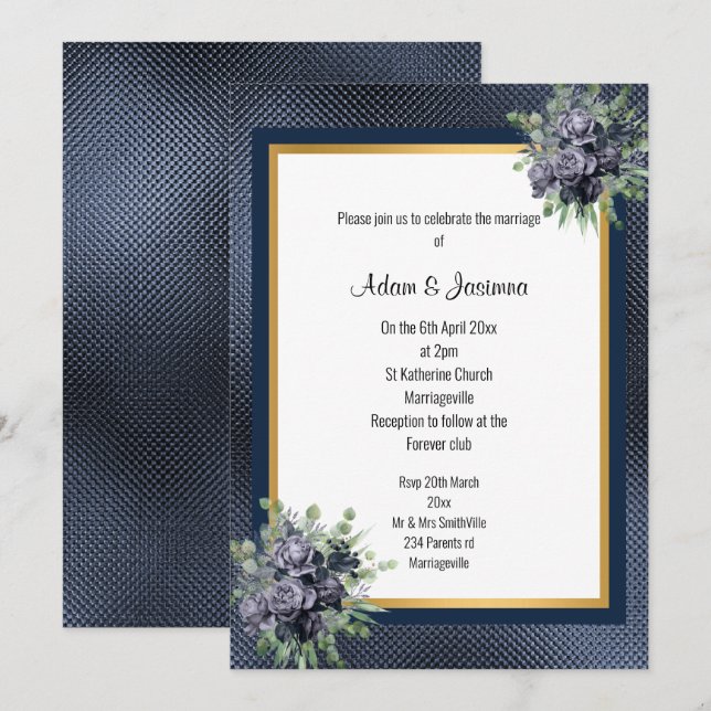 INVITATION MARINE OR LAYEREN EMBOSSÉ MARIAGE FLORAL (Devant / Derrière)