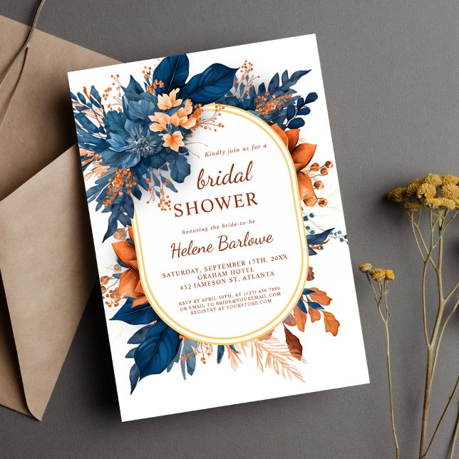 Invitation Marine Orange Moderne Élégante Fête des mariées Fl (Navy Orange Modern Elegant Floral Bridal Shower Invitation)