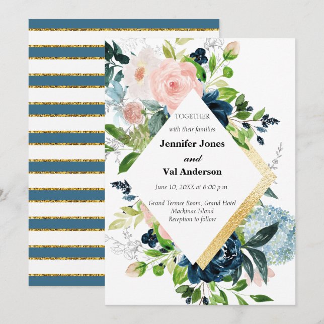 Invitation Marine Peach et or Aquarelle Mariage floral (Devant / Derrière)