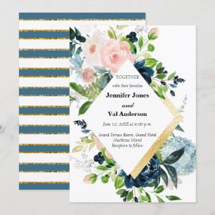 Invitation Marine Peach et or Aquarelle Mariage floral