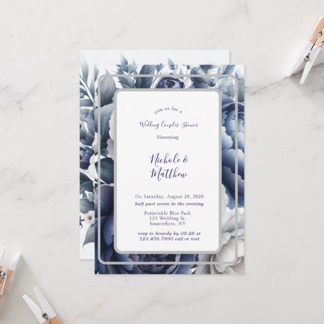 Invitation Marine Peonies bleues et Roses blanches Couples Ma (Devant/Arrière en situation)