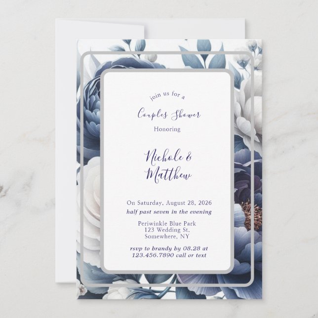 Invitation Marine Peonies Bleues & Roses Blanches Couples Dou (Devant)