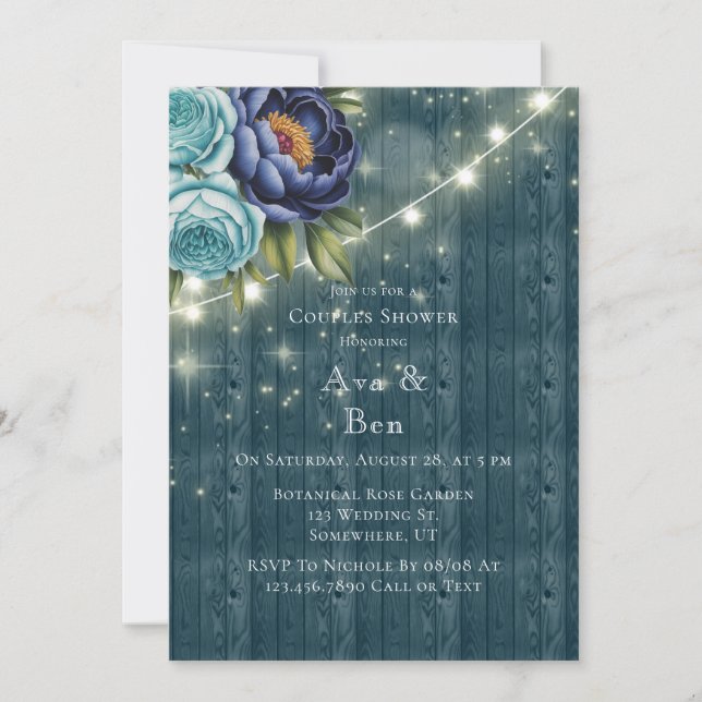 Invitation Marine Peonies et Turquoise Rose Couples Douche (Devant)