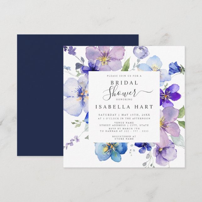 Invitation Marine Purple Mauve Pansy Viola Floral Fête des ma (Devant / Derrière)